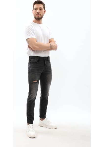 Erkek Slim Fit Yırtık Detay Antrasit Jean Pantolon