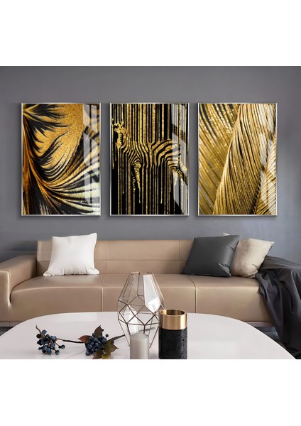 Siyah - Gold Renk Zebra Yaprak ve Soyut Kombin Çerçeveli Cam Tablo 3'lü Dikey