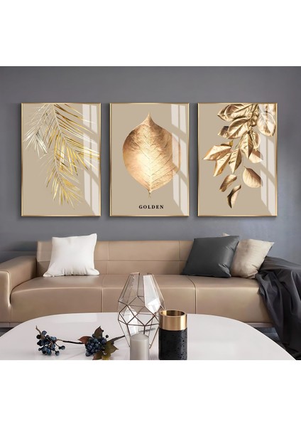 Krem - Gold Renk Soyut Golden Yaprak Kombin Çerçeveli Cam Tablo 3'lü Dikey