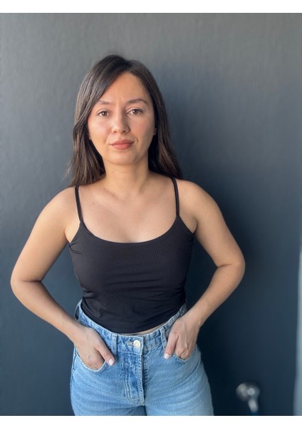 Siyah Çift Katlı, Askılı Crop Atlet