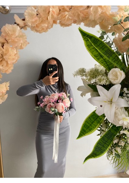 Gelin Çiçeği Gelin Buketi El Buketi Şakayık Gül Okaliptüs Pudra Gelin Çiçeği Yapay Çiçek