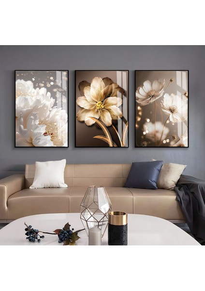 Krem-Gold Renk Soft Çiçek Ve Soyut Kombin |Çerçeveli Cam Tablo 3lü Dikey