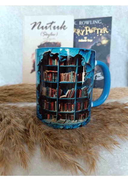 Mugs And Love Mavi Kitaplık 3D Baskı Büyük Boy Kupa