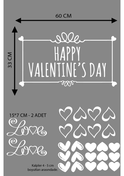 Happy Valentine's Day Sevgililer Günü Sticker Kalp, Love, I Love You Cam, Duvar Sticker Etiket Seti