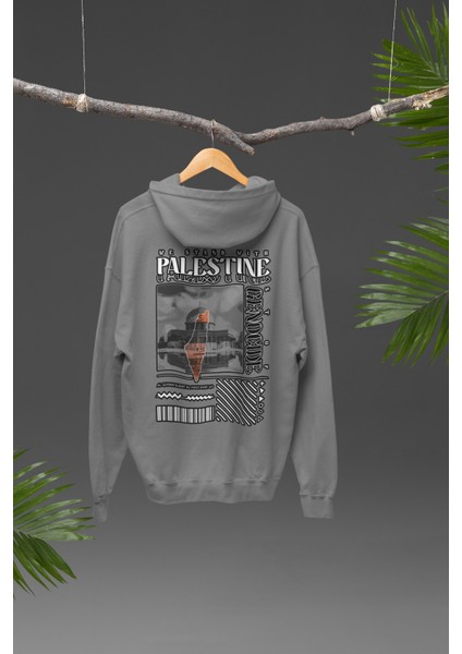 Filistin Tasarımı Sırt Baskılı Yüksek Kalite Kapüşonlu Kanguru Cepli Unisex Oversize Sweatshirt