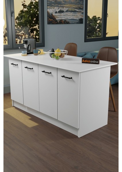 AE-2040 Vera Mutfak Adası Bar Masası Yemek Masası Dolaplı, Beyaz - Beyaz Raflı, Çok Amaçlı 160 cm