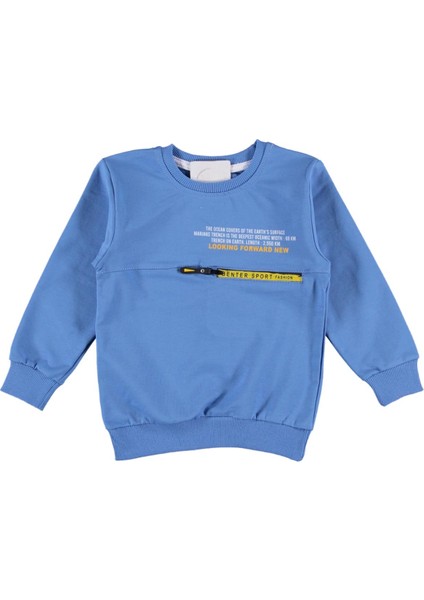 Erkek Çocuk Looking Yazı Desenli Fermuar Cep Detaylı Mavi Renk Sweatshirt