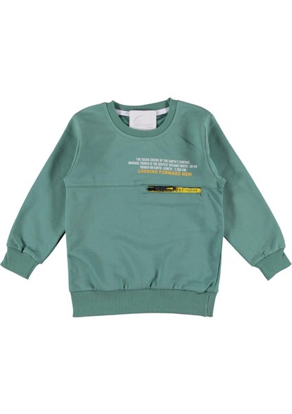 Erkek Çocuk Looking Yazı Desenli Fermuar Cep Detaylı Yeşil Renk Sweatshirt