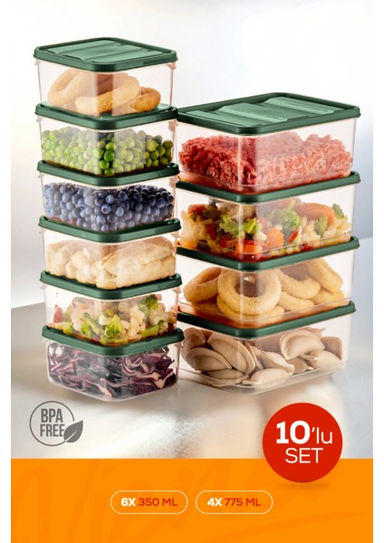 10LU Buzdolabı Düzenleyici Organizer Mikrodalgaya Uygun Difriz Saklama Kabı Yeşil