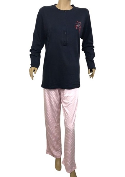 14854-Kadın Uzun Kollu Alt Puantiyeli Orta Kalın Pijama Takımı-Lacivert