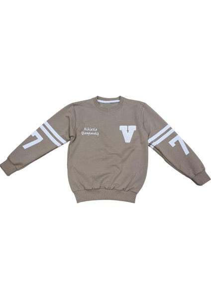 Erkek Çocuk Önü V Nakışlı Kolları Sayı Desenli Açık Kahverengi Renk Sweatshirt
