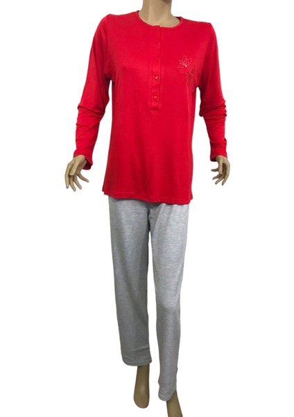 NENA-14854-BAYAN Uzun Kollu 4 Mevsim Pijama Takımı-Kırmızı indirimleri