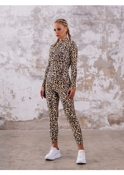 Leopar Desen Uzun Kollu Spor Tayt Tulum