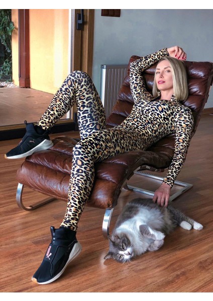 Leopar Desen Uzun Kollu Spor Tayt Tulum modelleri