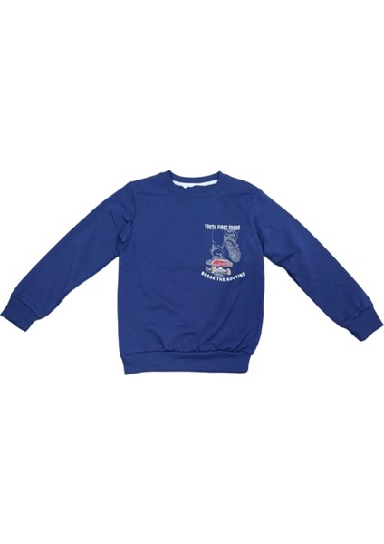 Erkek Çocuk Önü Arkası Youth First Yazı Resim Desenli Indigo Renk Sweatshirt