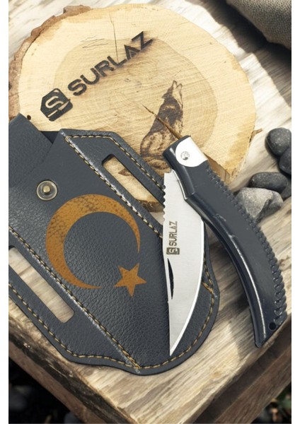 Isme Özel Outdoor Bıçak Kamp Çakısı Dövme Çelik Ay Yıldız Deri Kılıf