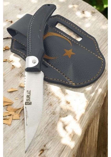 Isme Özel Outdoor Bıçak Kamp Çakısı Dövme Çelik Ay Yıldız Deri Kılıf