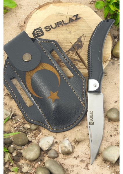 Isme Özel Outdoor Bıçak Kamp Çakısı Dövme Çelik Ay Yıldız Deri Kılıf