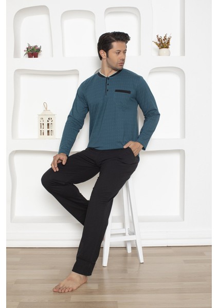 Erkek Lacivert Düğmeli Pamuk Likra Uzun Kol Mevsimlik Göğüs Cepli Pijama Takımı fiyatları