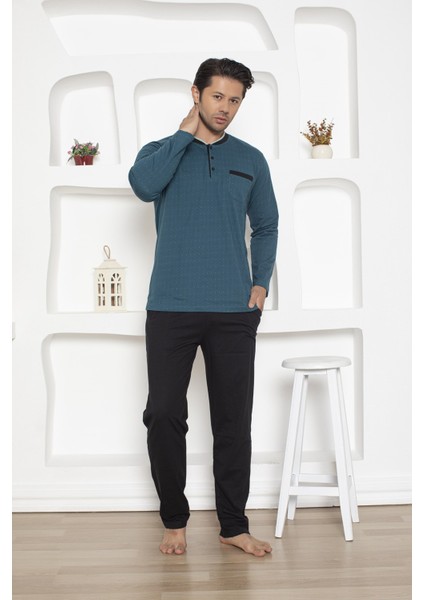 Erkek Lacivert Düğmeli Pamuk Likra Uzun Kol Mevsimlik Göğüs Cepli Pijama Takımı modelleri