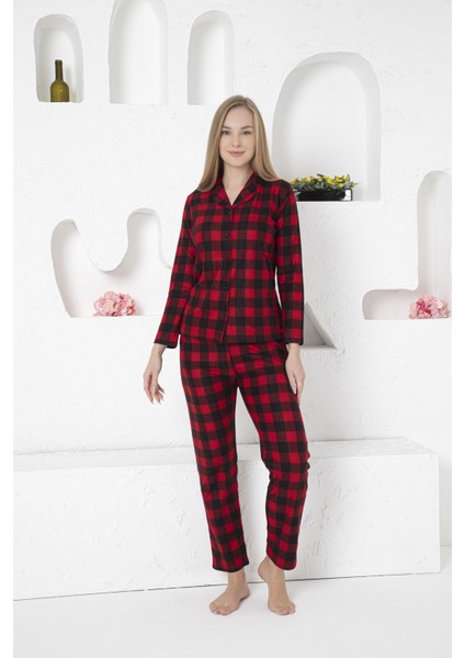 Kadın Bordo Siyah Ekose Gömlek Yaka Önden Düğmeli Süet Kışlık Uzun Kol Cepli Pijama Takımı modelleri