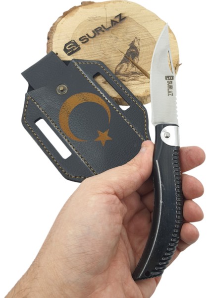 Isme Özel Outdoor Bıçak Kamp Çakısı Dövme Çelik Ay Yıldız Deri Kılıf
