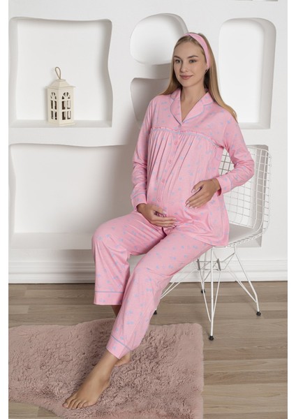 Kalpli Hamile Önden Düğmeli Uzun Kol Mevsimlik Bel Ayarlı Pamuk Pijama Takımı-Geniş Kalıp modelleri