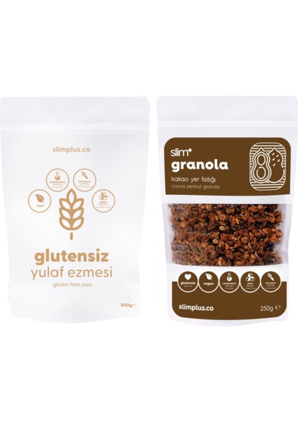 Kakao Yer Fıstığı Glutensiz Ilave Şekersiz Vegan 250 gr Granola ve 500 gr Yulaf Ezmesi Paketi