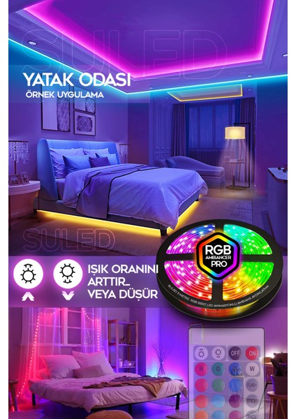 5mt x 2'li Set Rgb Duvar Tavan Şerit LED Işık Ambiyans & Sabit 16 Renk Kumandalı Yapışkanlı 10 Metre