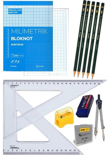 Milimetrik Teknik Çizim Seti 12 Parça 1 Paket Mavi Milimetrik Çizim Defteri Gönye Dereceli Kalem Metal Pergel Silgi Kalemtraş