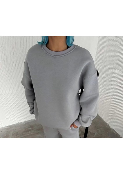 Kışlık Bisiklet Yaka Üç Iplik Basic Sweatshirt - Gri