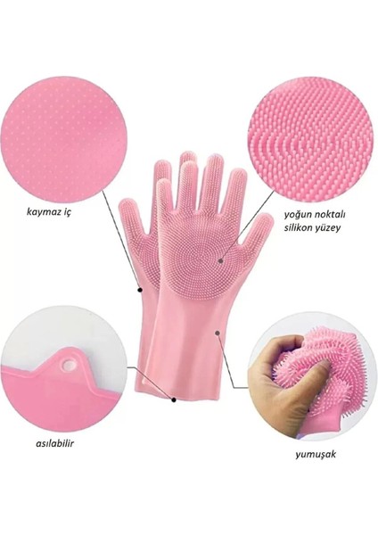 Marıya Home (4 Adet) Yumuşak Silikon Bulaşık Yıkama Ovma Elastik Yalıtım Mutfak Banyo Temizlik Eldiveni Tırtıklı modelleri
