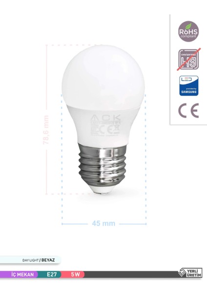 ACK 5W Top Ampul Beyaz Işık E27 Duylu Avize Ampulü 490 Lümen Küçük Ampul fırsatları