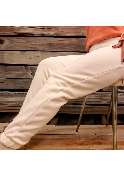 Kadın Krem Paçası Lastikli Kalın Içi Polarlı Eşofman Altı Jogger