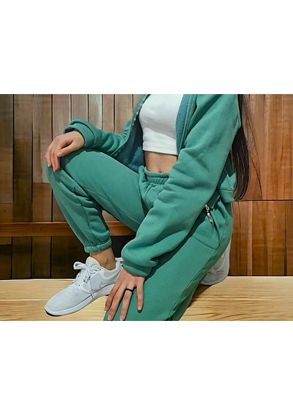 Kadın Krem Paçası Lastikli Kalın Içi Polarlı Eşofman Altı Jogger