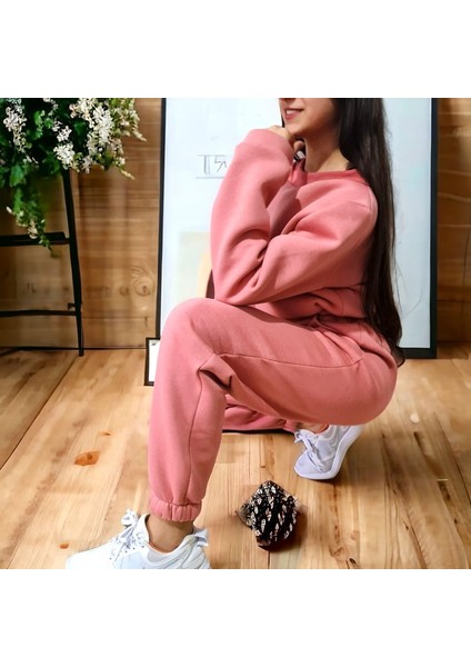 Kadın Krem Paçası Lastikli Kalın Içi Polarlı Eşofman Altı Jogger