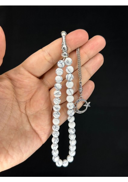 Beyaz Renk Havlit Taşı Doğaltaş Tesbih Küre Kesim T-496