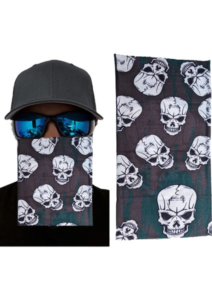 Kahve Yeşil Renk Üzeri Likralı Çoklu Kafatası Baskılı Baf Buff Bandana 25x48 Cm