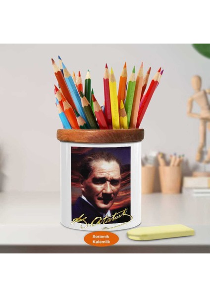 Güneşte Mustafa Kemal Atatürk Ahşap Seramik Kalemlik -r196