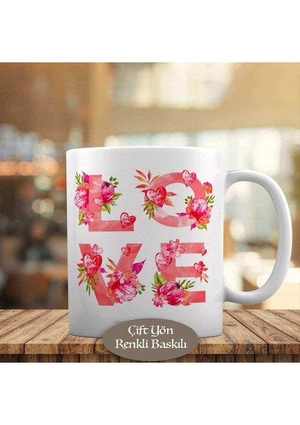 Pembe Güllerle Love Yazı Baskılı Kupa Bardak Hediyelik-8732