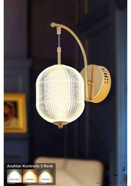 Torino Power Ledli Modern Lüks Duvar Aplik (3 RENK; SARI-BEYAZ-GÜN İŞIĞI) - Gold