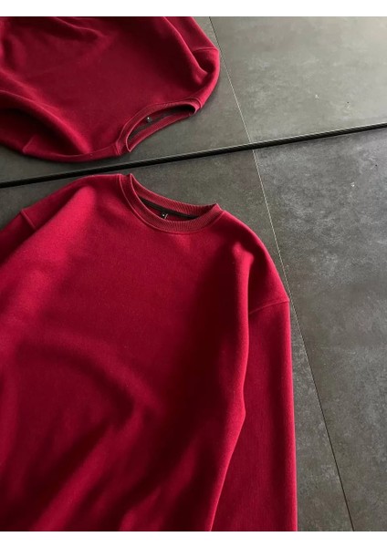 Kışlık Bisiklet Yaka Üç Iplik Basic Sweatshirt - Bordo