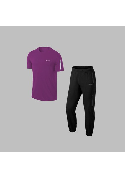 Büyük Beden Erkek Mor Özel Supra Penye Kumaş Cepli Rahat Iki Parça Tshirt-Eşofman Takımı Seti 4-10XL