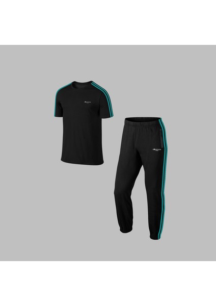 Erkek Siyah Özel Supra Penye Kumaş Cep Detaylı Rahat Tshirt-Eşofman Seti S-3xl