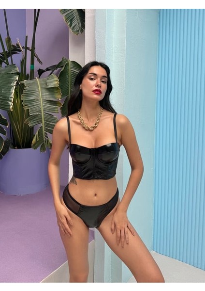 Chicx Destekli Parlak Deri Bustiyer Takım