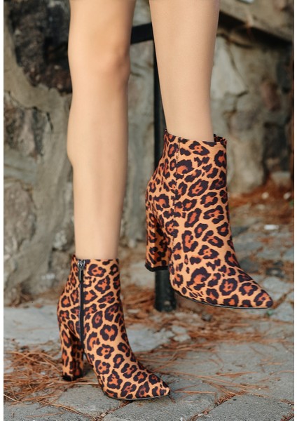 Leopar Saten Topuklu Bot