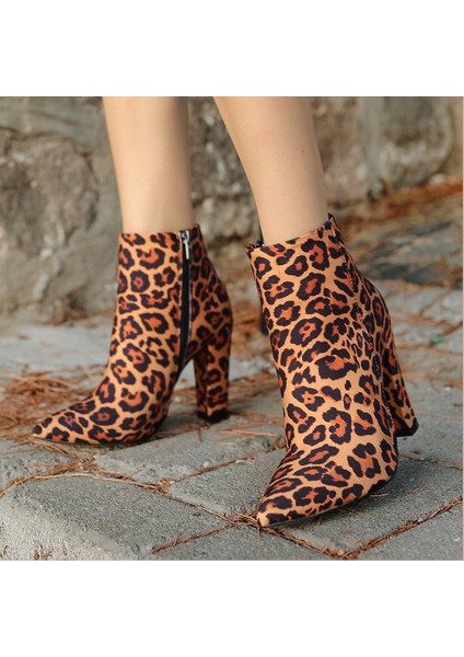 Leopar Saten Topuklu Bot