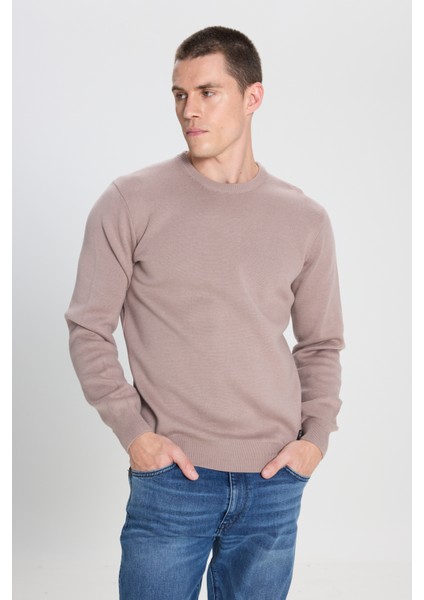 Regular Fit Normal Kesim Bisiklet Yaka Vizon Triko Kazak