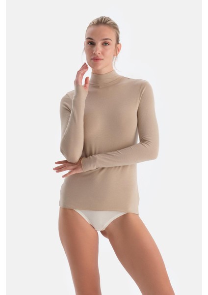 Sütlü Kahve 5118KC Modal Kaşmir Balıkçı Yaka Uzun Kollu Üst