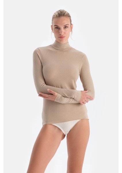 Sütlü Kahve 5118KC Modal Kaşmir Balıkçı Yaka Uzun Kollu Üst fırsatları